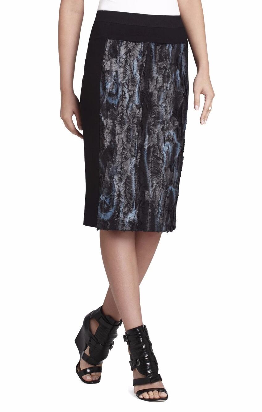 BCBGMaxazria NWT Ines Black & Brown Faux Fur Animal Print Midi Pencil Skirt